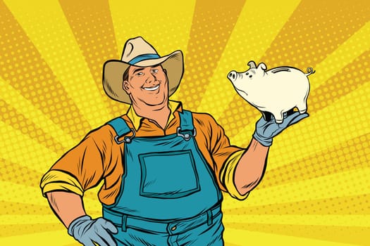 Rural retro farmer with a pig-piggy Bank. pop art retro vector illustration. Money and Finance
