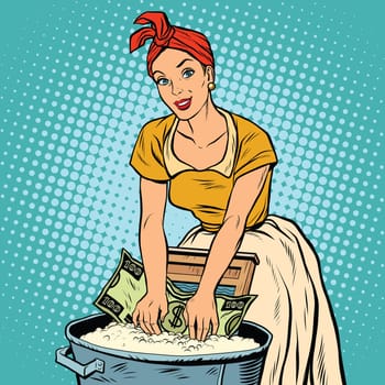 money laundering business concept, retro woman washes the dollar, pop art vector illustration