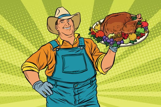 Rural farmer and roast Turkey, pop art retro vector illustration. Family dinner for Christmas or Thanksgiving