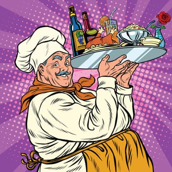 Retro chef with dinner on a tray, pop art vector illustration