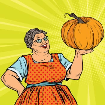 Cheerful grandmother with pumpkin for Thanksgiving, pop art retro vector illustration