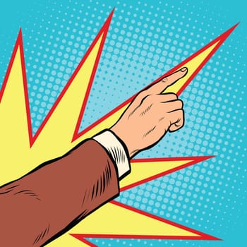 Retro hand pointing to the right up. comic background. pop art vector illustration