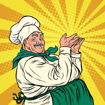 Chef professional pose presenting, pop art retro vector illustration. Smiling cooking