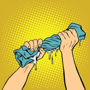 retro hands squeezed the wash cloth, pop art vector illustration. Wet clothes, underwear