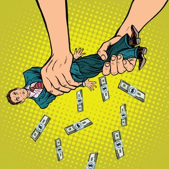 Female hands squeeze men money, pop art retro vector illustration. Financial exploitation of the business concept