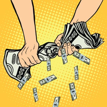 Financial profit, hands squeeze out of the money dollars, pop art retro vector illustration
