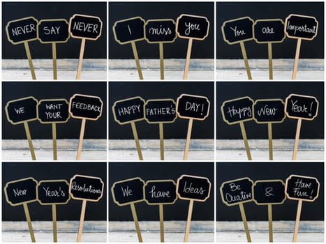 Photo collage of various greeting and motivational messages written with chalk on wooden mini blackboard labels, defocused chalkboard and wood table in background
