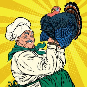Retro chef with a live Turkey, thanksgiving, pop art vector illustration