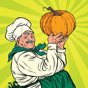 Retro cook with pumpkin, thanksgiving. pop art vector illustration