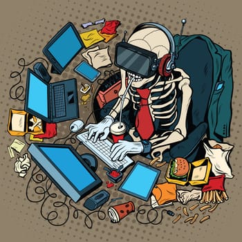 The skeleton programmer in virtual reality, pop art retro vector illustration. Work on the computer and games. Humorous concept of engagement in new technologies