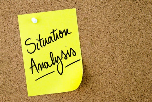Situation Analysis text written on yellow paper note pinned on cork board with white thumbtack. Business concept image with copy space available