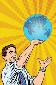 Man holding planet Earth in hand, pop art retro vector illustration