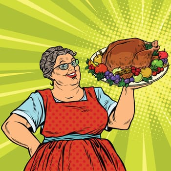 Grandma with a Christmas or Thanksgiving roast Turkey, pop art retro vector illustration. holiday menu. Homemade family dinner