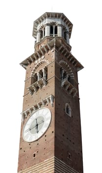 Lamberti Tower in Piazza delle Erbe, Verona, Italy, isolated on white.
