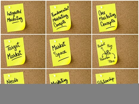 Photo collage of Business and Marketing notes written on yellow paper post-it pinned on cork board with white thumbtack. Business concept image with copy space available