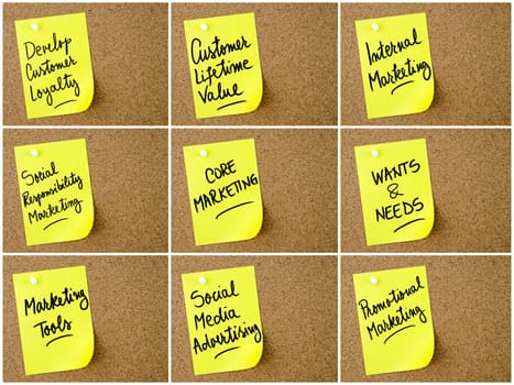 Photo collage of Business and Marketing notes written on yellow paper post-it pinned on cork board with white thumbtack. Business concept image with copy space available