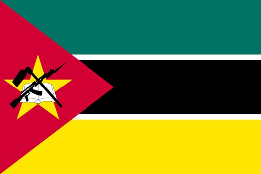 Mozambican national official flag. African patriotic symbol, banner, element, background. Accurate dimensions. Flag of Mozambique in correct size and colors, vector illustration