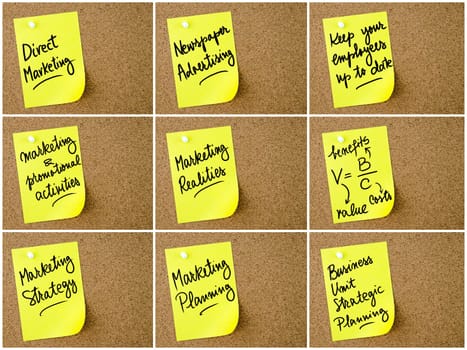 Photo collage of Business and Marketing notes written on yellow paper post-it pinned on cork board with white thumbtack. Business concept image with copy space available
