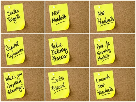 Photo collage of Business and Marketing notes written on yellow paper post-it pinned on cork board with white thumbtack. Business concept image with copy space available