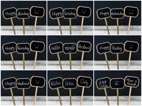 Photo collage of various greeting messages written with chalk on wooden mini blackboard labels, defocused chalkboard and wood table in background