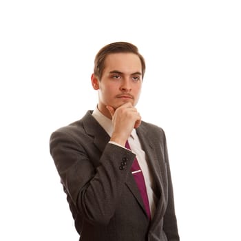 A man thinking while in a suit on white background