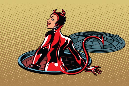 Red devil girl succubus emerges from hell, pop art retro vector illustration. Luke city sewer underground