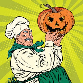 Retro cook with pumpkin Halloween, pop art vector illustration
