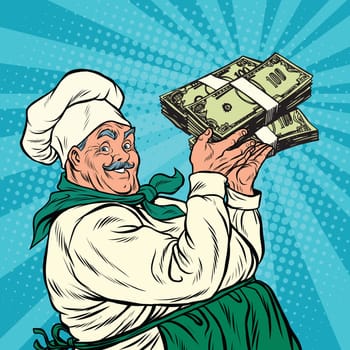 Retro chef with a bundle of money, pop art retro vector illustration