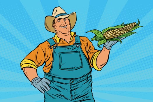 Rural farmer with an ear of corn, pop art retro vector illustration. Agriculture and the harvest