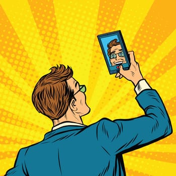 Retro man selfie on smartphone pop art retro vector illustration