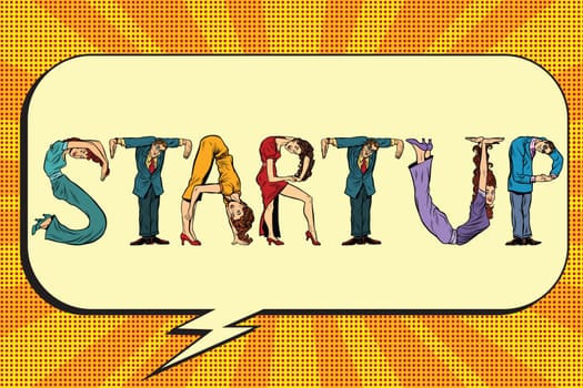 Startup, letters business people, pop art retro vector illustration. businessman font