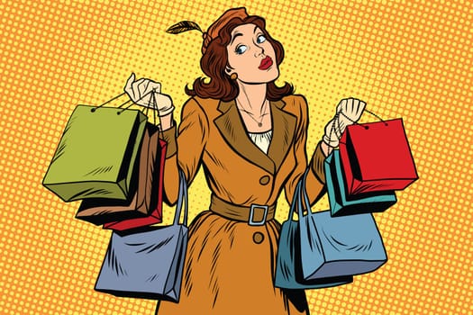 Beautiful retro woman on sale, pop art retro vector illustration. Seasonal and holiday shopping