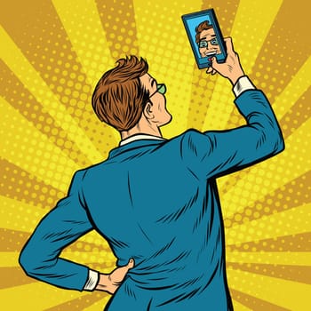 Retro man selfie on smartphone pop art retro vector illustration