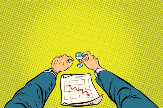 Business is bad, the graph of sales is down, the businessman got drunk, pop art retro vector illustration