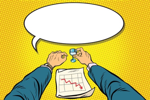 Business is bad, the graph of sales is down, the businessman got drunk, pop art retro vector illustration