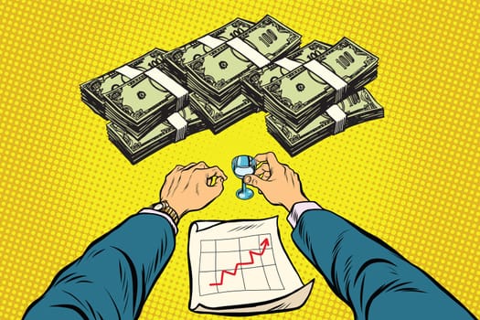 Successful retro businessman drinking about a big profit, pop art retro vector illustration