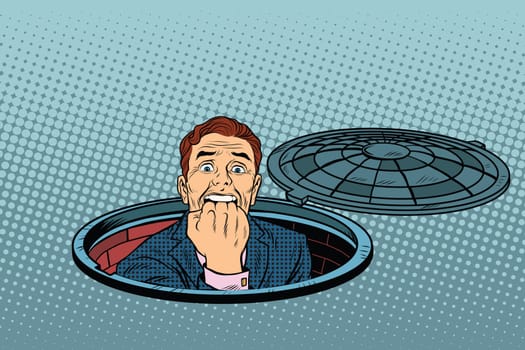 scared retro man in the manhole of the city sewer, pop art retro vector illustration
