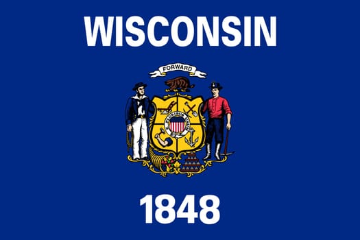 Wisconsinite official flag, symbol. American patriotic element. USA banner. United States of America background. Flag of the US state of Wisconsin in correct size and colors, illustration