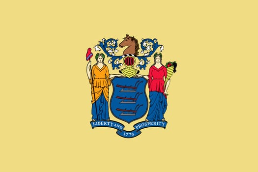 New Jerseyan official flag, symbol. American patriotic element. USA banner. United States of America background. Flag of the US state of New Jersey in correct size and colors, illustration