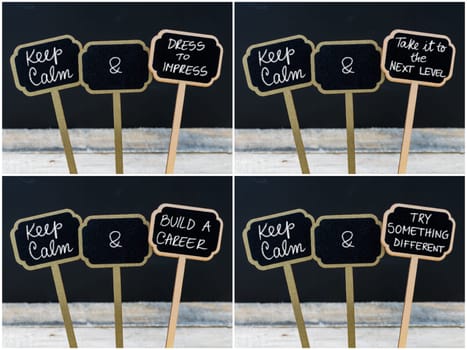 Photo collage of Keep Calm messages written with chalk on mini blackboard labels, defocused chalkboard and wooden table in background. Fun and humor concept