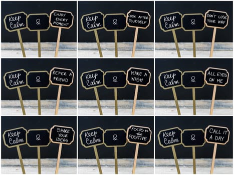 Photo collage of Keep Calm messages written with chalk on mini blackboard labels, defocused chalkboard and wooden table in background. Fun and humor concept