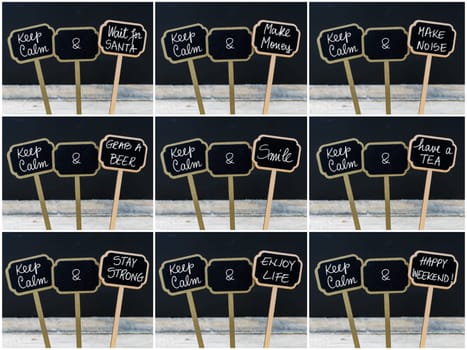 Photo collage of Keep Calm messages written with chalk on mini blackboard labels, defocused chalkboard and wooden table in background. Fun and humor concept