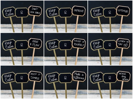 Photo collage of Keep Calm messages written with chalk on mini blackboard labels, defocused chalkboard and wooden table in background. Fun and humor concept