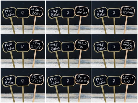 Photo collage of Keep Calm messages written with chalk on mini blackboard labels, defocused chalkboard and wooden table in background. Fun and humor concept