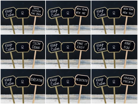 Photo collage of Keep Calm messages written with chalk on mini blackboard labels, defocused chalkboard and wooden table in background. Fun and humor concept