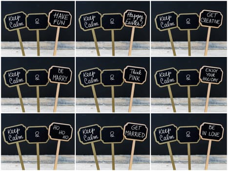 Photo collage of Keep Calm messages written with chalk on mini blackboard labels, defocused chalkboard and wooden table in background. Fun and humor concept