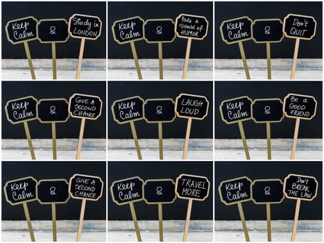 Photo collage of Keep Calm messages written with chalk on mini blackboard labels, defocused chalkboard and wooden table in background. Fun and humor concept