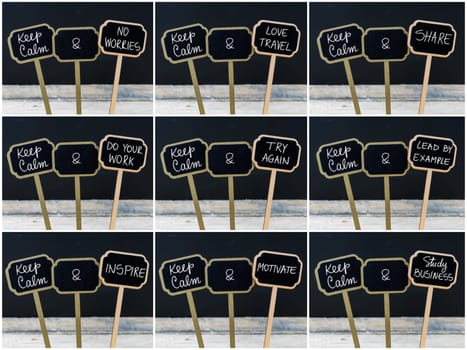Photo collage of Keep Calm messages written with chalk on mini blackboard labels, defocused chalkboard and wooden table in background. Fun and humor concept