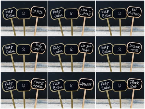 Photo collage of Keep Calm messages written with chalk on mini blackboard labels, defocused chalkboard and wooden table in background. Fun and humor concept