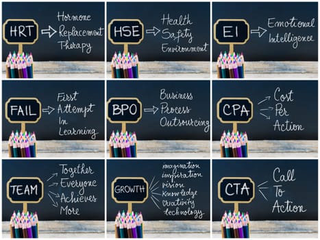 Photo collage of business acronyms written with chalk on wooden mini blackboard labels and chalkboard background.
